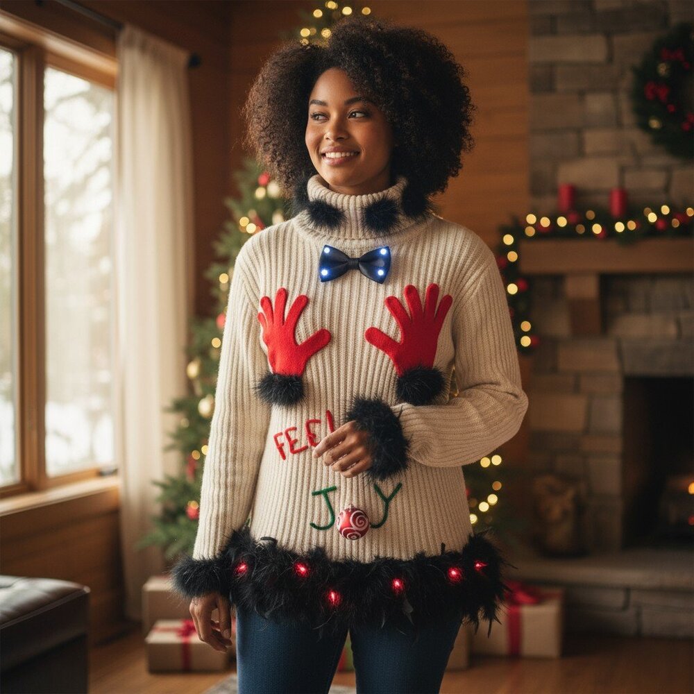 Feel the Joy Light UP Ugly Christmas Sweater size XXL Fun Black feather boa trim